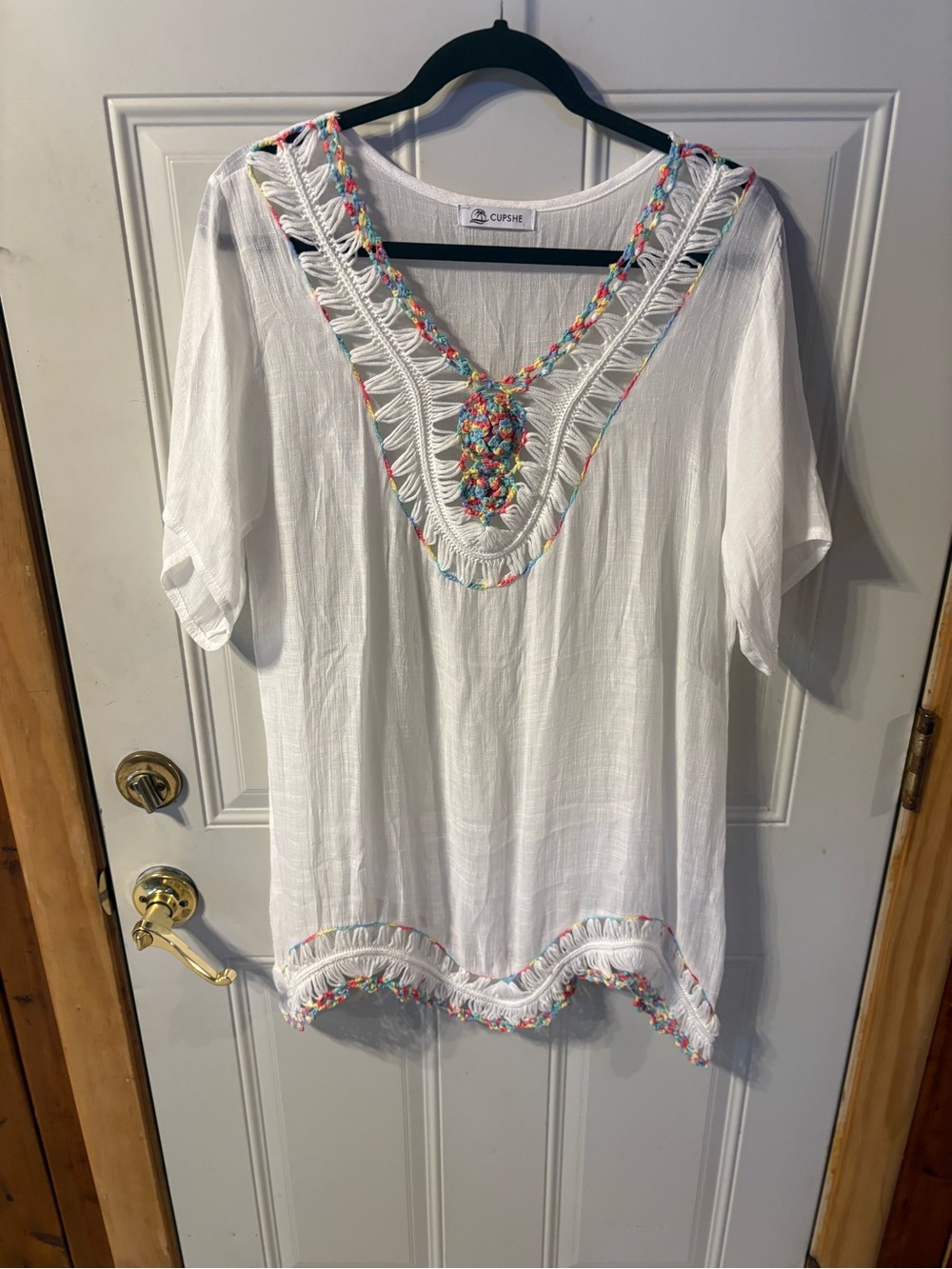 Cupshe White V-Neck Crochet-Trim Beach Tunic with Multicolor Accents Size M/L